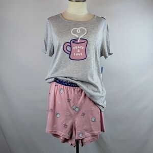 Life Is Good PJ Set Short Sleeve Top Shorts Peace & Love Coffee Grey Pink XL NWT